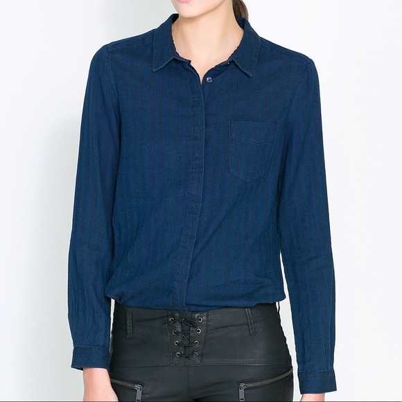 Zara Tops - Zara Indigo Stripe Denim Long Sleeve Button Up XS